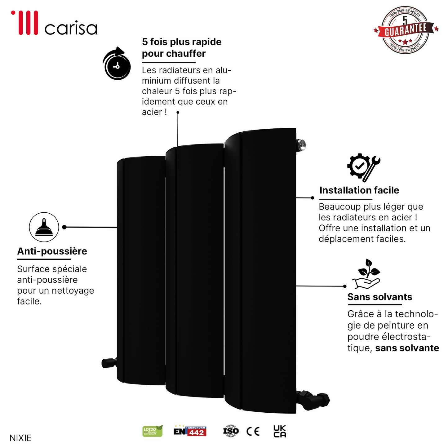 Carisa Nixie Horizontaler Aluminium-Heizkörper, modernes Design, Schwarz 