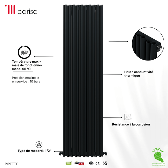 Carisa Pipette Vertikaler Aluminium-Heizkörper, modernes Design, Anthrazit 