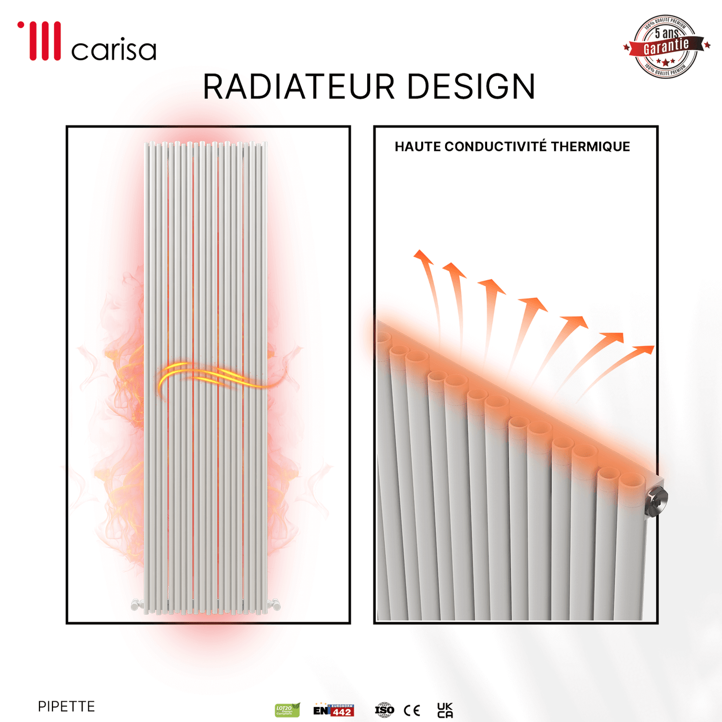 Carisa Pipette Aluminium-Heizkörper, vertikal, modernes Design, Weiß 
